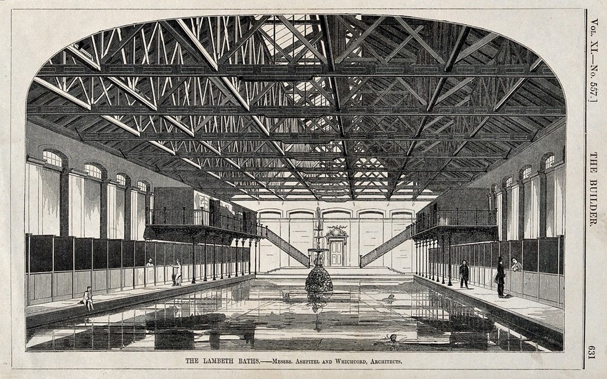 Interior of Lambeth baths. Wood engraving by W. E. Hodgkin, 1853.