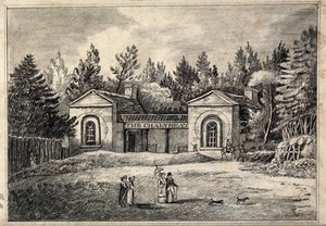 view A chalybeate spring, within a small pavilion. Pencil drawing.