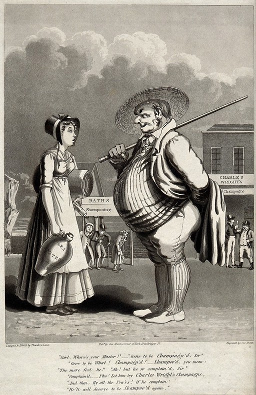 A fat farmer and a young woman at a sea-side resort; behind them are two establishments, "Baths Shampooing" and "Charles Wright's Champagne". Aquatint with etching by G. Hunt and T. Lane after T. Lane.
