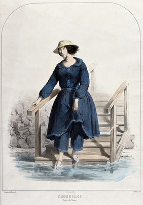 A Peruvian woman wearing a blue bathing costume walking down steps into the sea. Coloured lithograph by J. Gaildrau, 1856, after A.A. Bonnaffé.