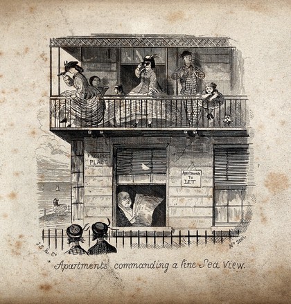 A family looking at the view across the sea from the first floor balcony of a boarding house. Wood engraving.