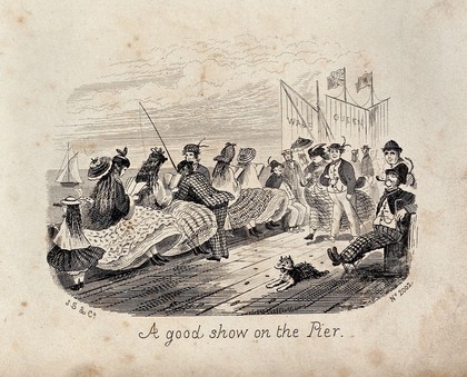 Holiday-makers promenading and relaxing on a pier. Wood engraving.