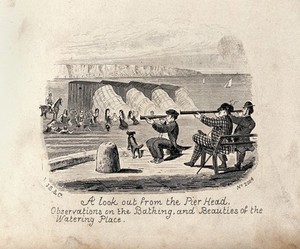 view Three men looking through telescopes at young women bathing in the sea. Wood engraving.