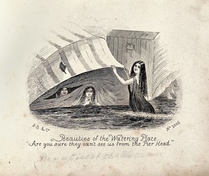 view A woman holding up a canopy attached to a bathing machine; two women are peering out. Wood engraving.