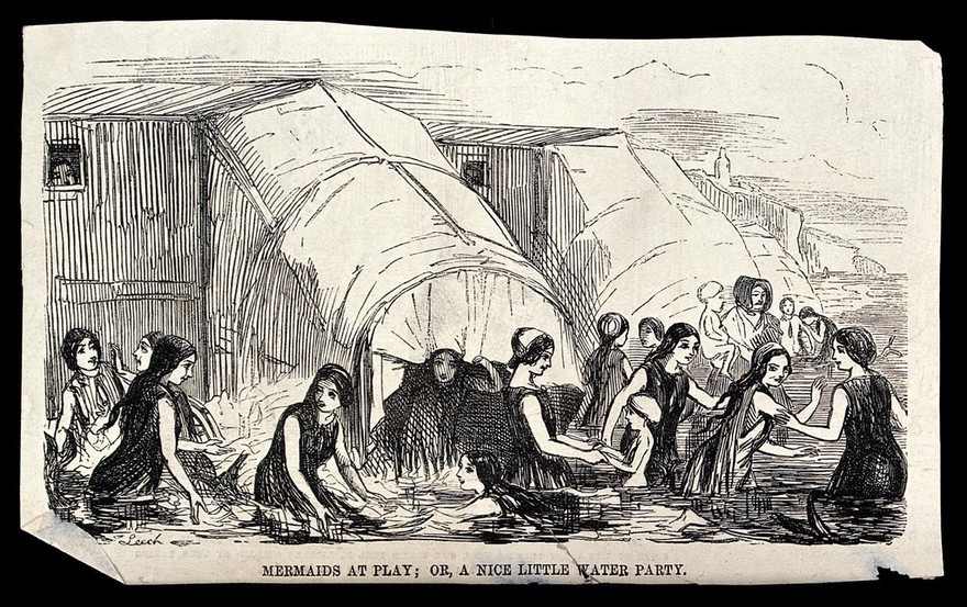 Women bathing in the sea near their bathing machines. Wood engraving by J. Leech.