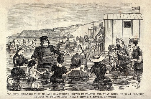A group of people standing in the sea in a circle join hands; to the left a couple with a dog look on and in the background other people are bathing. Wood engraving.