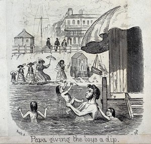 view A man playing with his sons in the sea; his wife and daughters watch from the beach. Wood engraving.