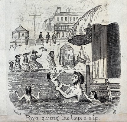 A man playing with his sons in the sea; his wife and daughters watch from the beach. Wood engraving.