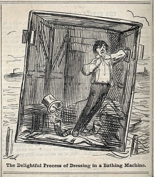 view A man dressing in a bathing machine. Wood engraving by J. Leech.