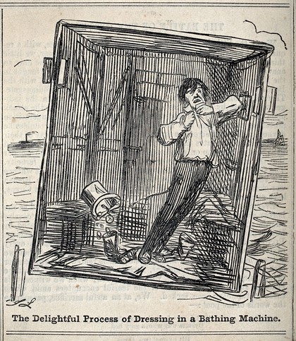 A man dressing in a bathing machine. Wood engraving by J. Leech.