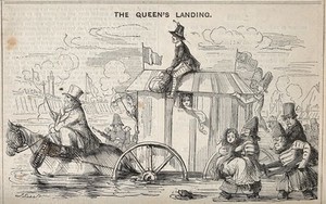 view Queen Victoria (?) being driven through the sea in a bathing machine. Wood engraving by J. Leech.