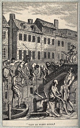 Men diving into the Fleet ditch, London; representing the activities of political scandal-mongers. Process print after C. Grignion after F.  Hayman.