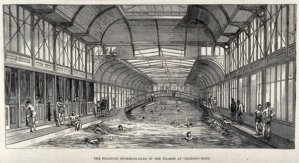 The floating swimming-bath in the Thames at Charing-Cross. Wood engraving by H.J. Crane.