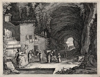 Women hanging out clothes to dry; in the foreground is an open-air cistern. Engraving by De Ligny.