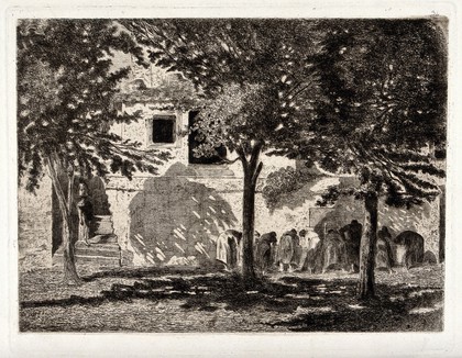 Women washing clothes at a wash-house. Etching.