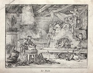 view A woman washing clothes; in the background children are playing in a disused kiln. Aquatint by J.B. Le Prince, 1770.