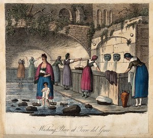 view Women washing clothes at the wash-house at Torre del Greco, near Naples. Coloured etching by J. Godby, 1806, after P. van Lerberghi.