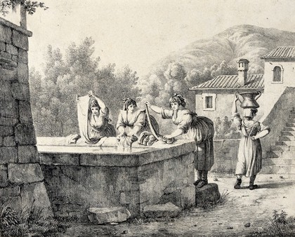 Women washing clothes in a large out-door cistern. Lithograph.