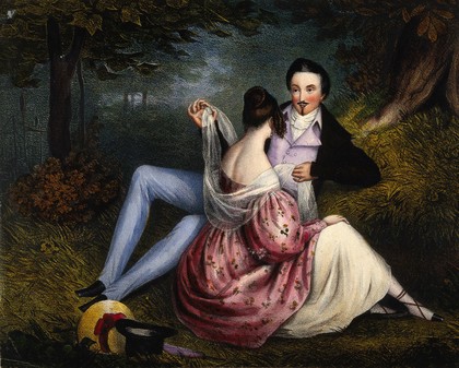 Lovers sitting in a wood. Colour lithograph, 18--.