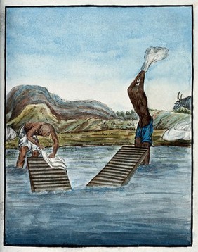 Two washer-men cleaning clothes by beating them against washing racks in a river. Watercolour painting.