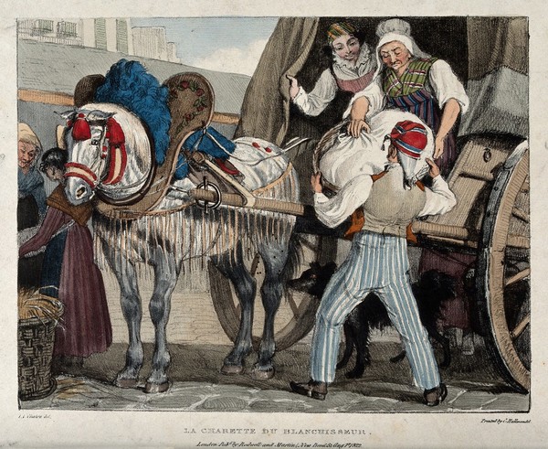 A launderess and an assistant standing in a cart (drawn by a horse wearing elaborate headgear) are collecting laundry from a man. Coloured lithograph after J.J. Chalon.