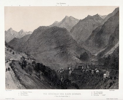 Les Eaux-Bonnes, Basses Pyrénées: view from above. Lithograph by E. Ciceri, 1858.