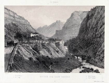 Les Eaux-Chaudes, Pyrenees: people walk along the mountain paths to the hot spas. Lithograph by E. Ciceri, 1858.