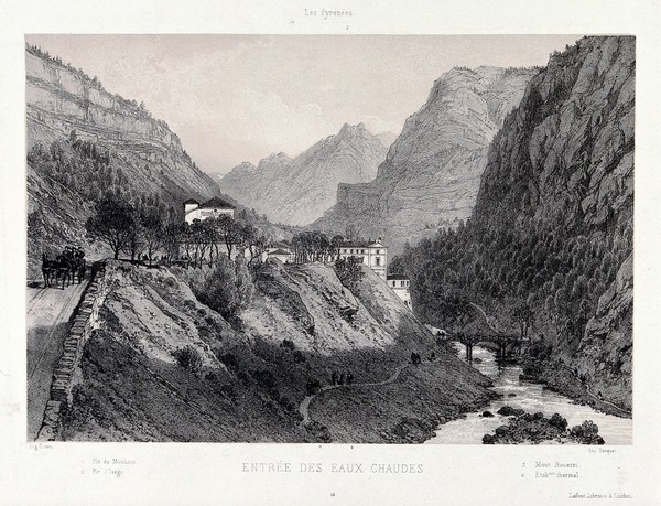 Les Eaux-Chaudes, Pyrenees: people walk along the mountain paths to the hot spas. Lithograph by E. Ciceri, 1858.