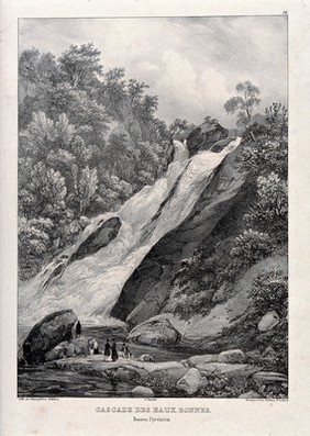 The waterfall "Cascade des Eaux Bonnes" in the Pyrenees. Lithograph by J. Jacottet.