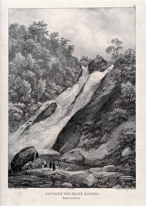 view The waterfall "Cascade des Eaux Bonnes" in the Pyrenees. Lithograph by J. Jacottet.