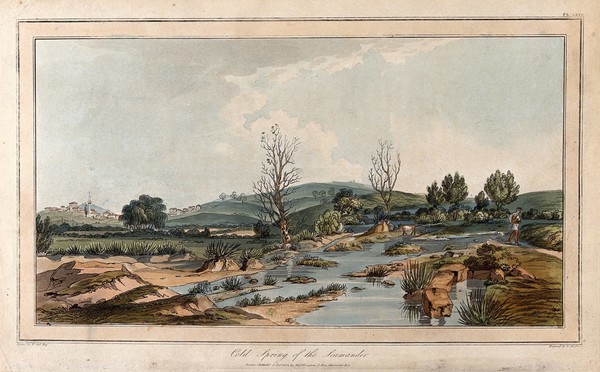 Cold spring of the Scamander. Coloured etching by T. Medland, 1804, after W. Gell.