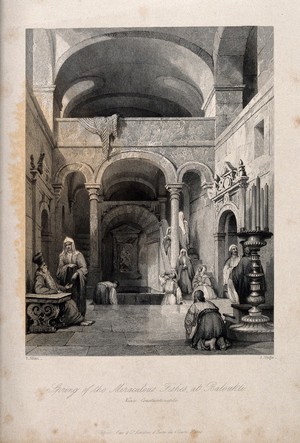 view People visiting the spring of the "miraculous fishes" at Baloukli. Engraving by J. Tingle after T. Allom.