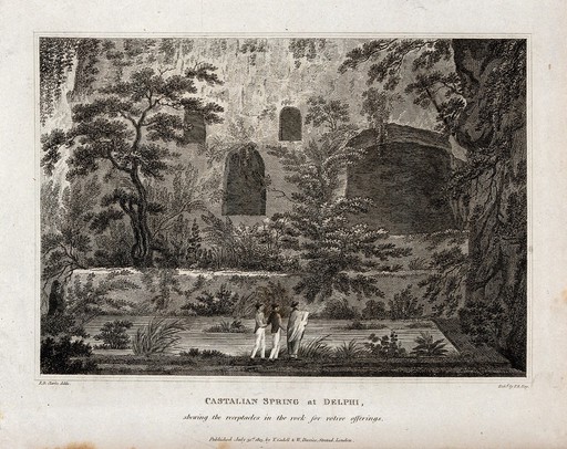 Castalian spring at Delphi; the cavities in the rock are for votive offerings. Etching by F.R. Hay, 1813, after E.D. Clarke.