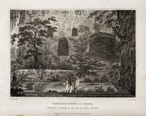 view The Castalian spring at Delphi; the cavities in the rock are for votive offerings. Etching by F.R. Hay, 1813, after E.D. Clarke.