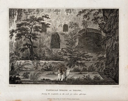 The Castalian spring at Delphi; the cavities in the rock are for votive offerings. Etching by F.R. Hay, 1813, after E.D. Clarke.