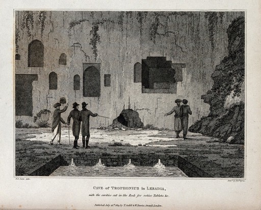 The cave of Trophonius in Lebadia; the cavities in the rock are for votive offerings. Etching by Elizabeth Byrne, 1813, after E. Clarke.