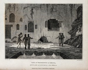 view The cave of Trophonius in Livadeia, Greece; the cavities in the rock are for votive offerings. Etching by Elizabeth Byrne, 1813, after E.D. Clarke.
