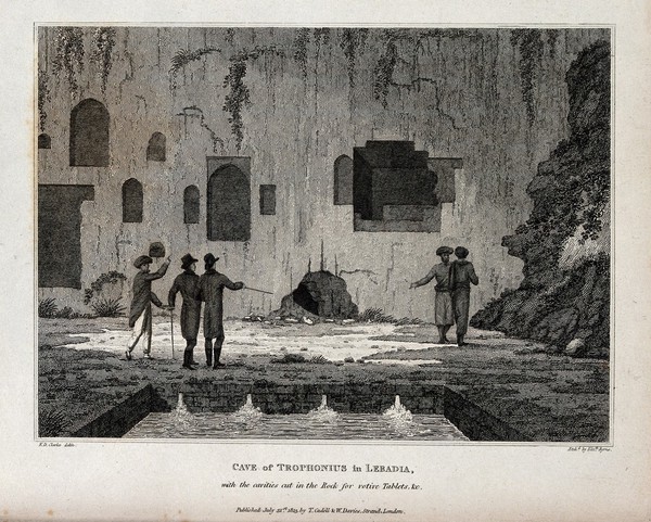 The cave of Trophonius in Livadeia, Greece; the cavities in the rock are for votive offerings. Etching by Elizabeth Byrne, 1813, after E.D. Clarke.