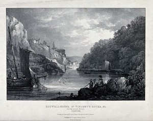 view Hotwell-house, Saint Vincent's rocks, view from Leigh wood, Clifton. Lithograph by W. Gauci after a drawing by Reverend J. Bulwer.