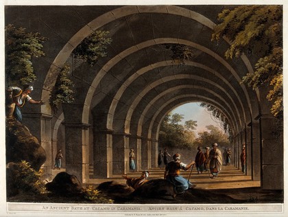 An ancient bath at Cacamo in Caramania. Coloured aquatint, 1803, after L. Mayer.