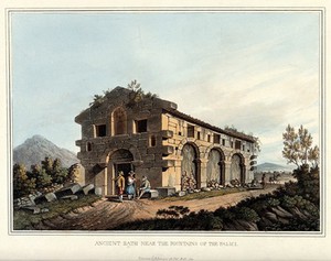 view Ancient bath near the fountains of the Palici. Coloured aquatint, 1809.