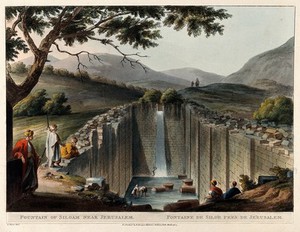 view Fountain of Siloam near Jerusalem. Coloured aquatint, 1804, after L. Mayer.