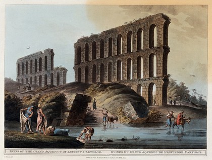 Ruins of the grand aqueduct of ancient Carthage. Coloured aquatint, 1803, after L. Mayer.