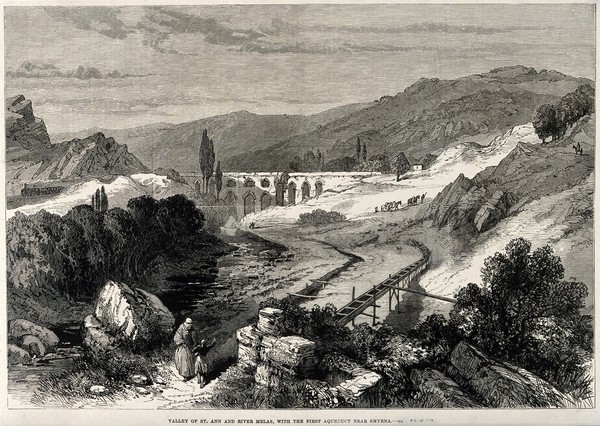 An aqueduct in the valley of Saint Ann, near Smyrna. Wood engraving, 1880.