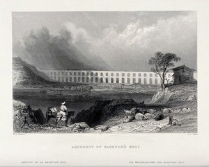 view Aqueduct at Bahçeköy, Istanbul. Engraving by J.B. Allen, 1839, after W.H. Bartlett.