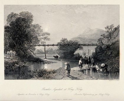 A bamboo aqueduct at Hong Kong. Engraving by H. Adlard.