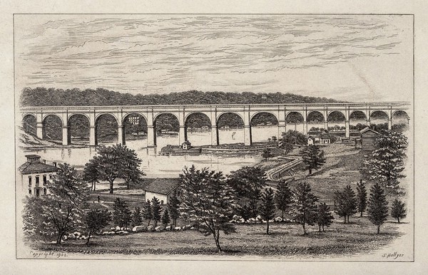 The Croton aqueduct, New York. Etching by S. Hollyers.
