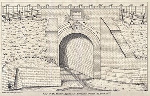 view A wooden aqueduct on the New River at Bush Hill near Enfield, North London. Lithograph.