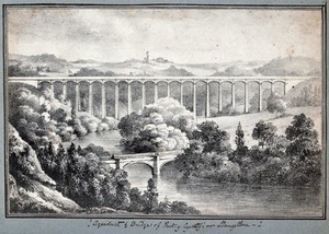 view The aqueduct and bridge at Pont-y-Casullte, in the vale of Llangollen, Wales. Lithograph.