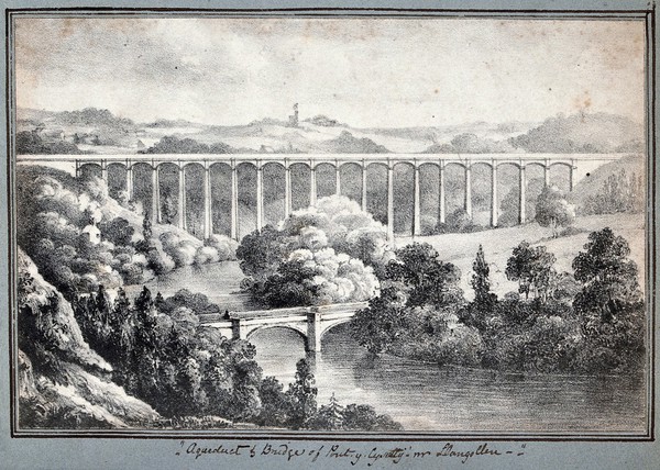 The aqueduct and bridge at Pont-y-Casullte, in the vale of Llangollen, Wales. Lithograph.